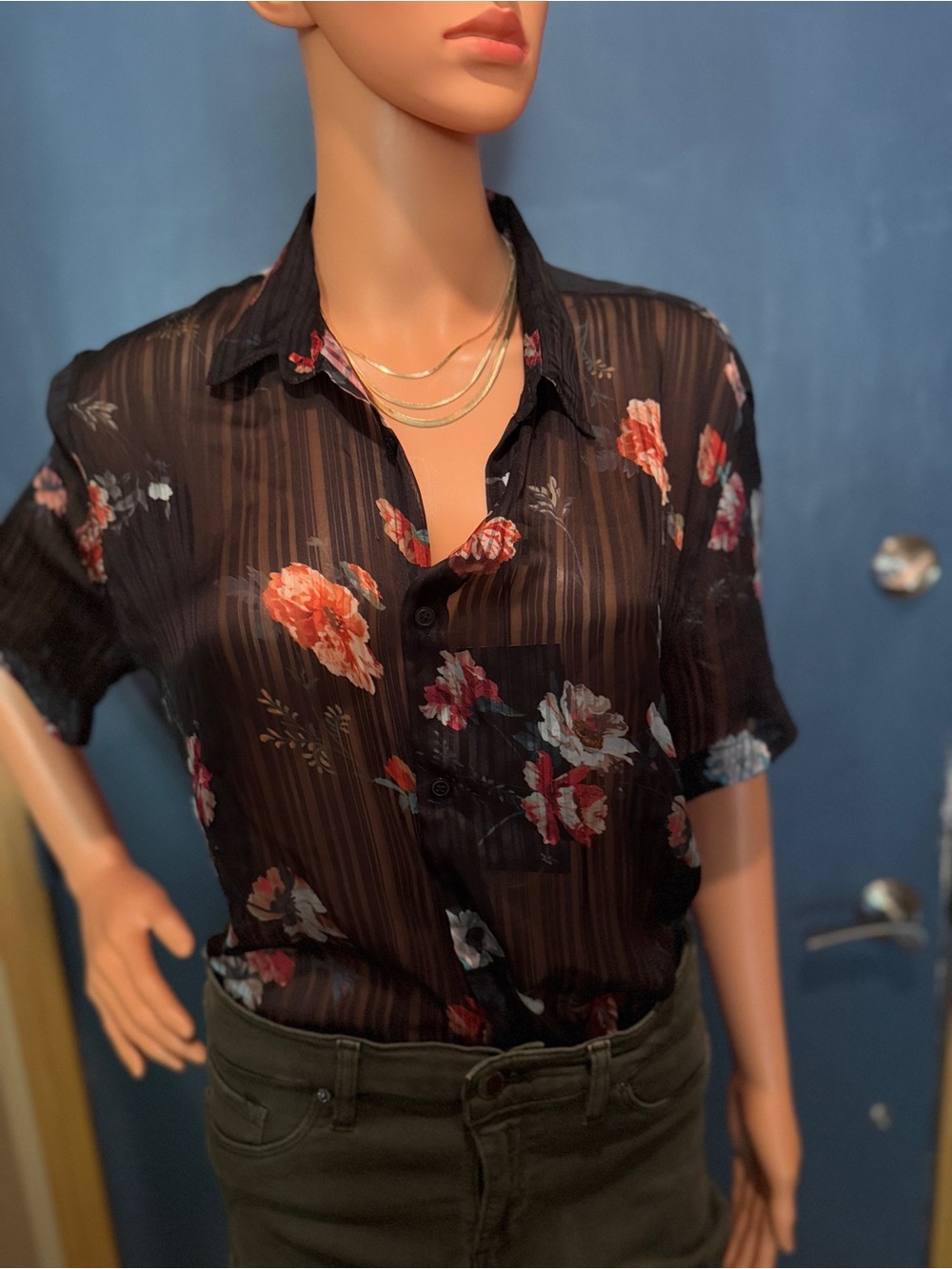 🖤 Zara Sheer Floral Stripe Button-Down Shirt | Longline - Unisex | Size L